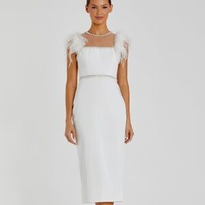 Mac Duggal White Feather Cap Sleeve Pearl Embellished Tea length Dress Size 4